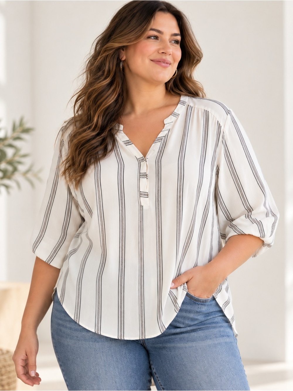 Torrid Size 3 Ivory Black Striped Harper Blouse 3/4 Sleeve Tunic Top